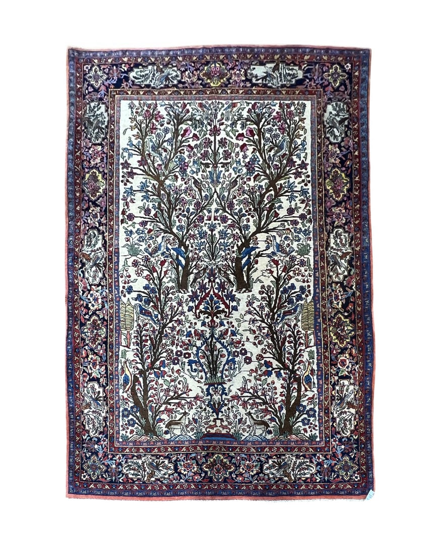 Vintage Persian Tree of Life Wool Rug 4'7" x 6'9": Vintage Persian Tree of Life rug, hand knotted in Iran from 100% wool. Measuring 4'7" x 6'9", this decorative rug features a traditional Tree of Life design set against a soft ivory field. The central