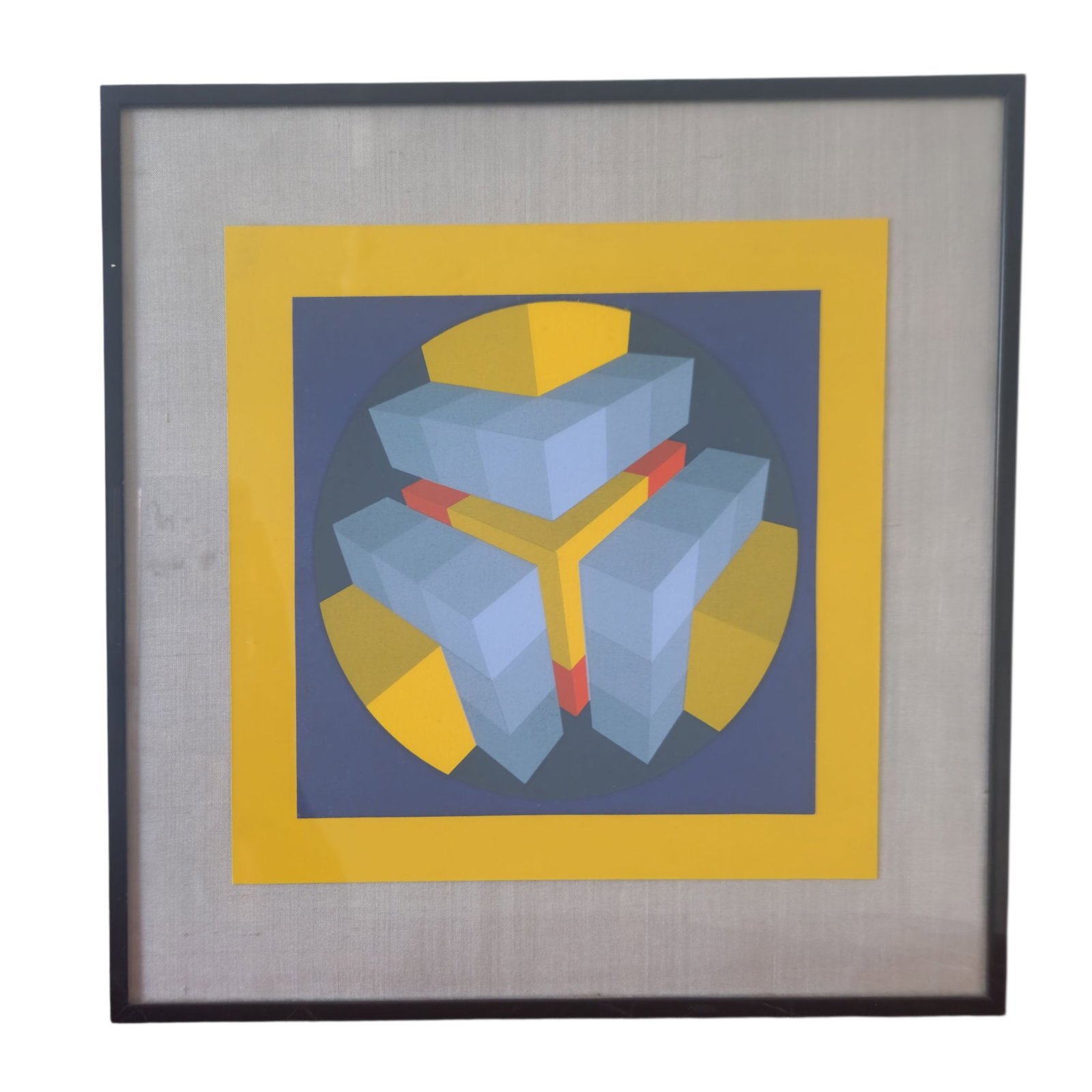 Victor Vasarely - Geometric Composition, Color Serigraph: Victor Vasarely (Hungarian-French, 1906-1997). Geometric composition with three-dimensional architectural forms in blue, yellow, red, and gray, arranged within a circular field. Color serigraph on pap