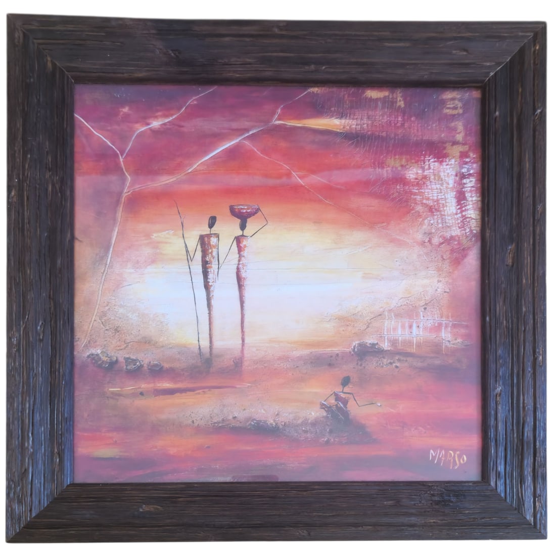 M. Arso - African Figures, Mixed Media on Canvas: Decorative modern African scene depicting stylized elongated figures in a warm red, orange, and pink landscape. Signed "M. Arso" lower right. Mixed media or acrylic on canvas/board, presented in a rus
