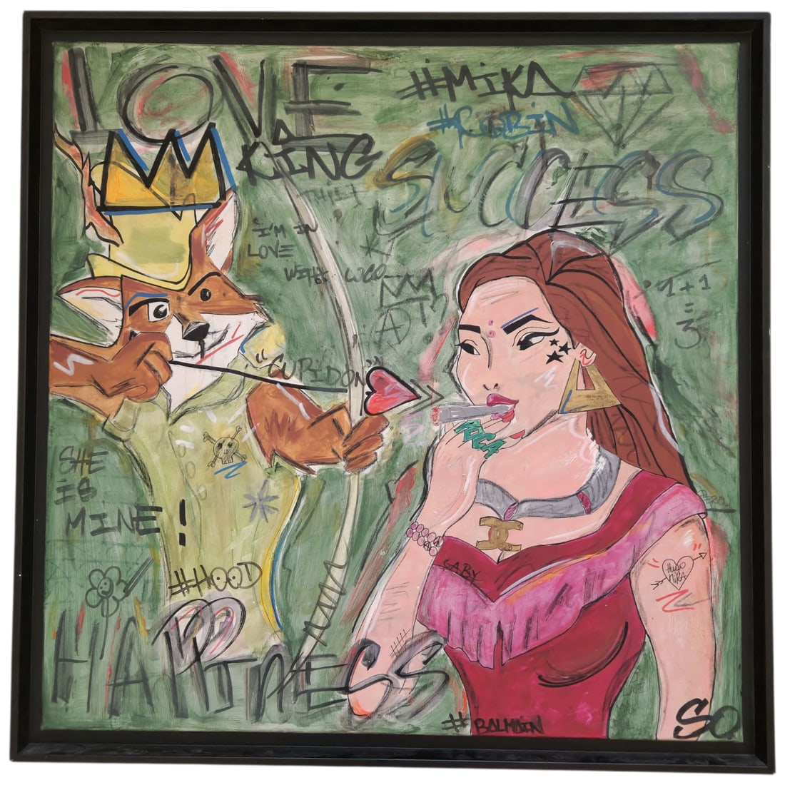 Contemporary Pop Art "Love King" - Mixed Media on Canvas: Large contemporary pop and street art-inspired mixed media painting on canvas, featuring a crowned fox alongside a stylized female figure surrounded by graffiti-style text, symbols, and luxury fashion