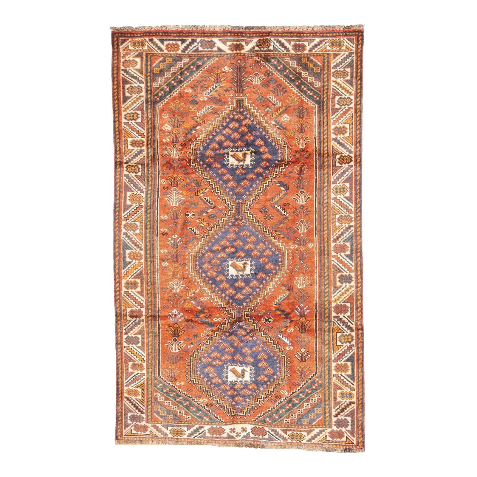 Semi-Antique Persian Qashqai Rug 5'3" x 8'8": Semi-antique hand-knotted Persian Qashqai rug with three stepped diamond medallions arranged along the central field, each containing stylized bird motifs. The terracotta field includes scattered trib