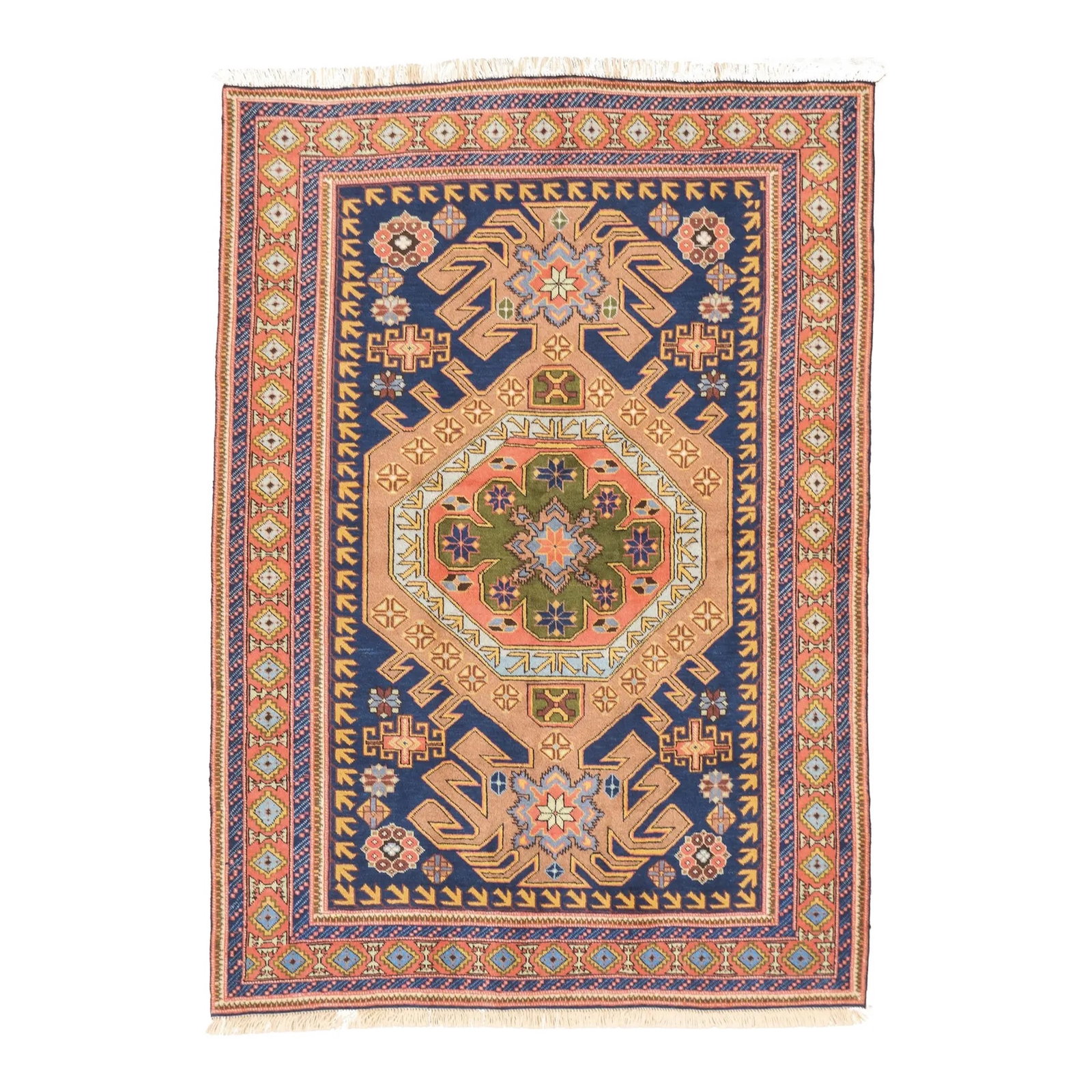 Vintage Persian Ardebil Rug 4'8" x 6'7": Fine vintage hand-knotted Persian Ardebil rug with a large geometric medallion centered on a dark blue field. The design features stylized tribal motifs, angular floral elements, and geometric guard b