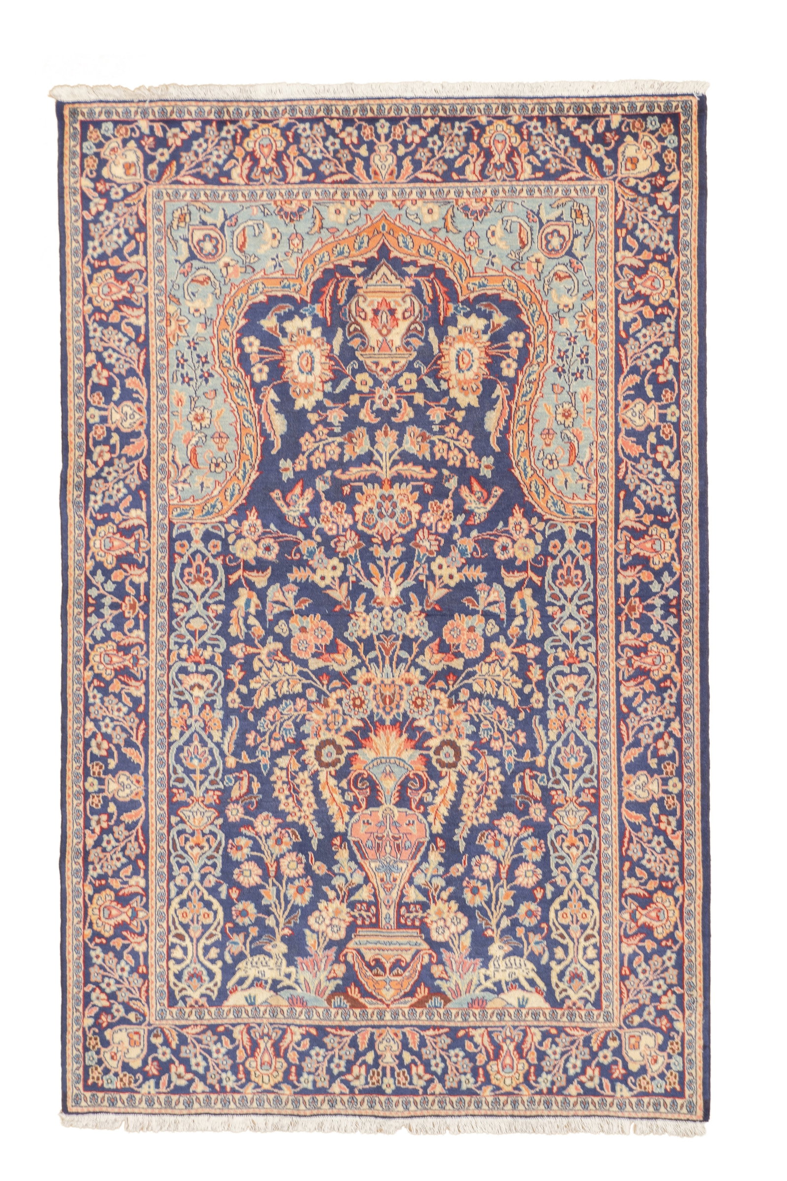Semi-Antique Persian Kashan Rug 4'3" x 6'9": Semi-antique hand-knotted Persian Kashan rug featuring a central vase motif surrounded by a symmetrical arrangement of floral and foliate designs. The field displays scrolling vines, blossoms, and sty