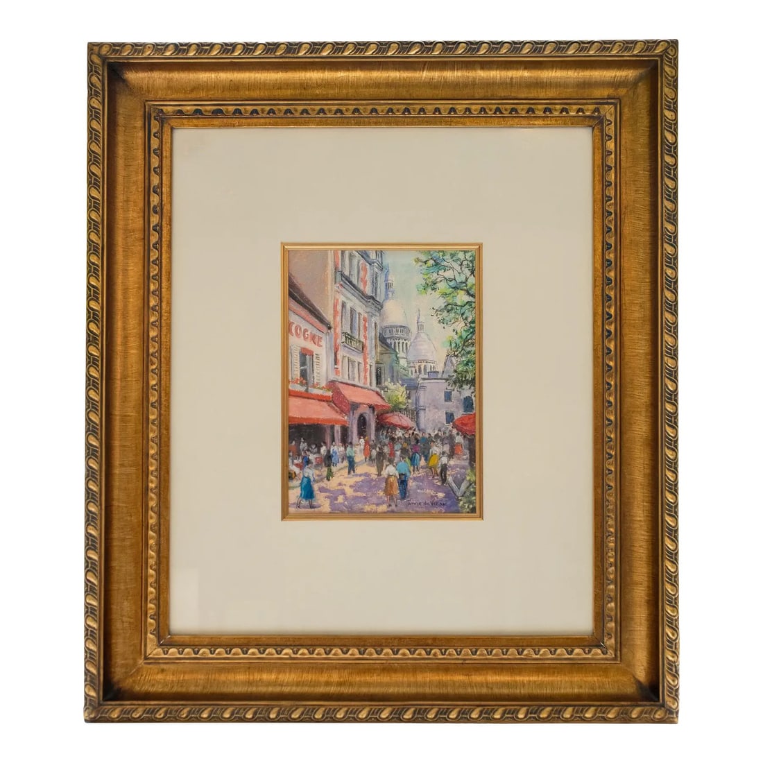 Anne De Vernac - Paris Street Scene, Pastel on Paper: Anne de Vernac, Paris Street Scene. Original pastel on paper depicting a Parisian street scene with figures, buildings, and the domes of Sacre Coeur visible in the background. Signed Anne de Vernac at