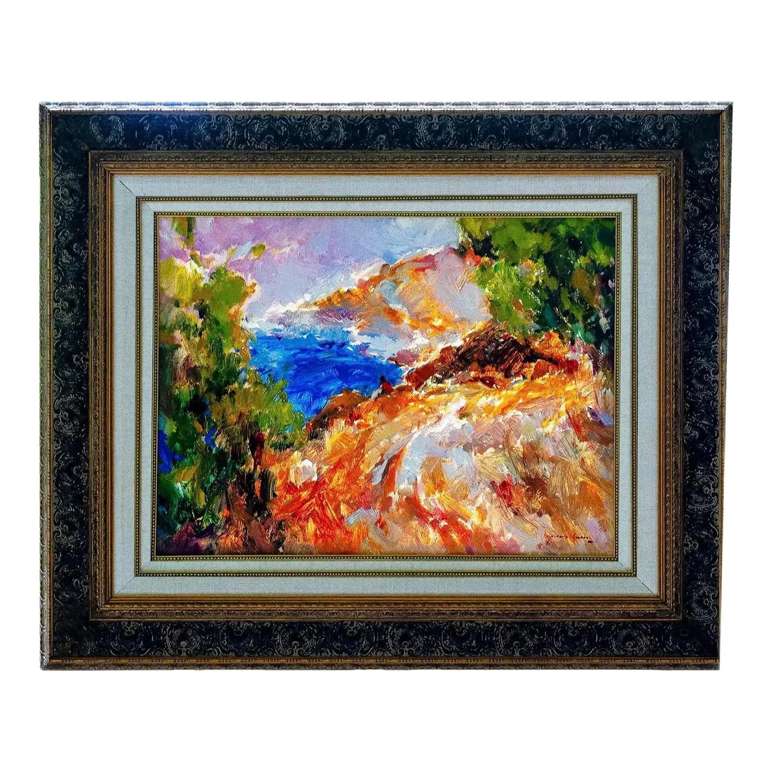Late 20th Century Jose Antonio Pineda Bueno - Dia Calido, Oil on Canvas: Jose Antonio Pineda Bueno, Dia Calido, Warm Day. Original oil on canvas depicting a sunlit Mediterranean coastal landscape with vibrant blues, warm ochres, and lush greenery. Executed with bold palett