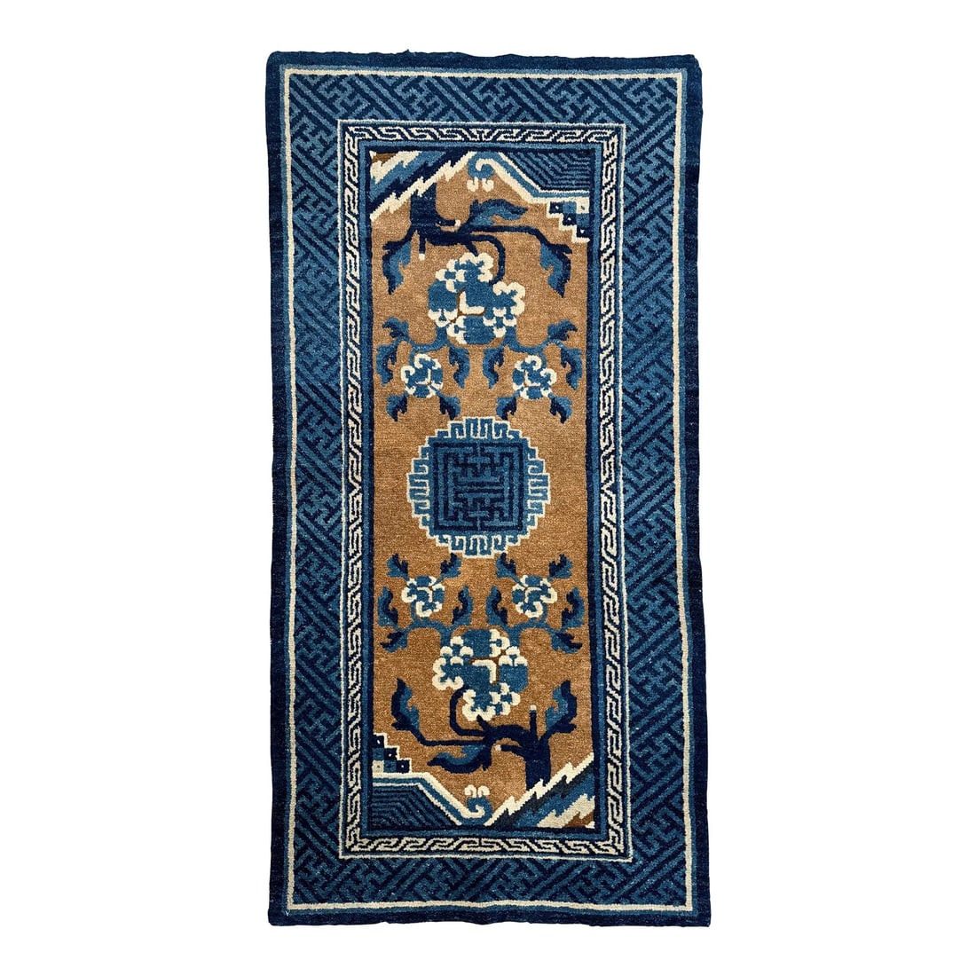 Antique Chinese Peking Rug With Floral Motifs 2'3" X 4'5": Antique Chinese Peking rug, hand-knotted in wool on a cotton foundation, China, early 20th century. The rug features stylized floral motifs and a central geometric medallion on a camel field with shad