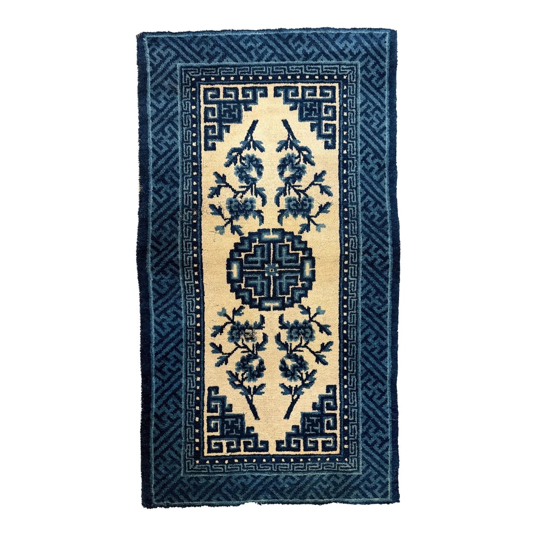1920s Chinese Art Deco Hand-Knotted Wool Rug 1'11" X 3'5": Hand-Knotted Chinese Art Deco Wool Rug, circa 1920s-1930s - 1'11" x 3'5" (23 in x 41 in). Ivory field with blue floral motifs surrounding a geometric roundel medallion, enclosed by layered geometric b