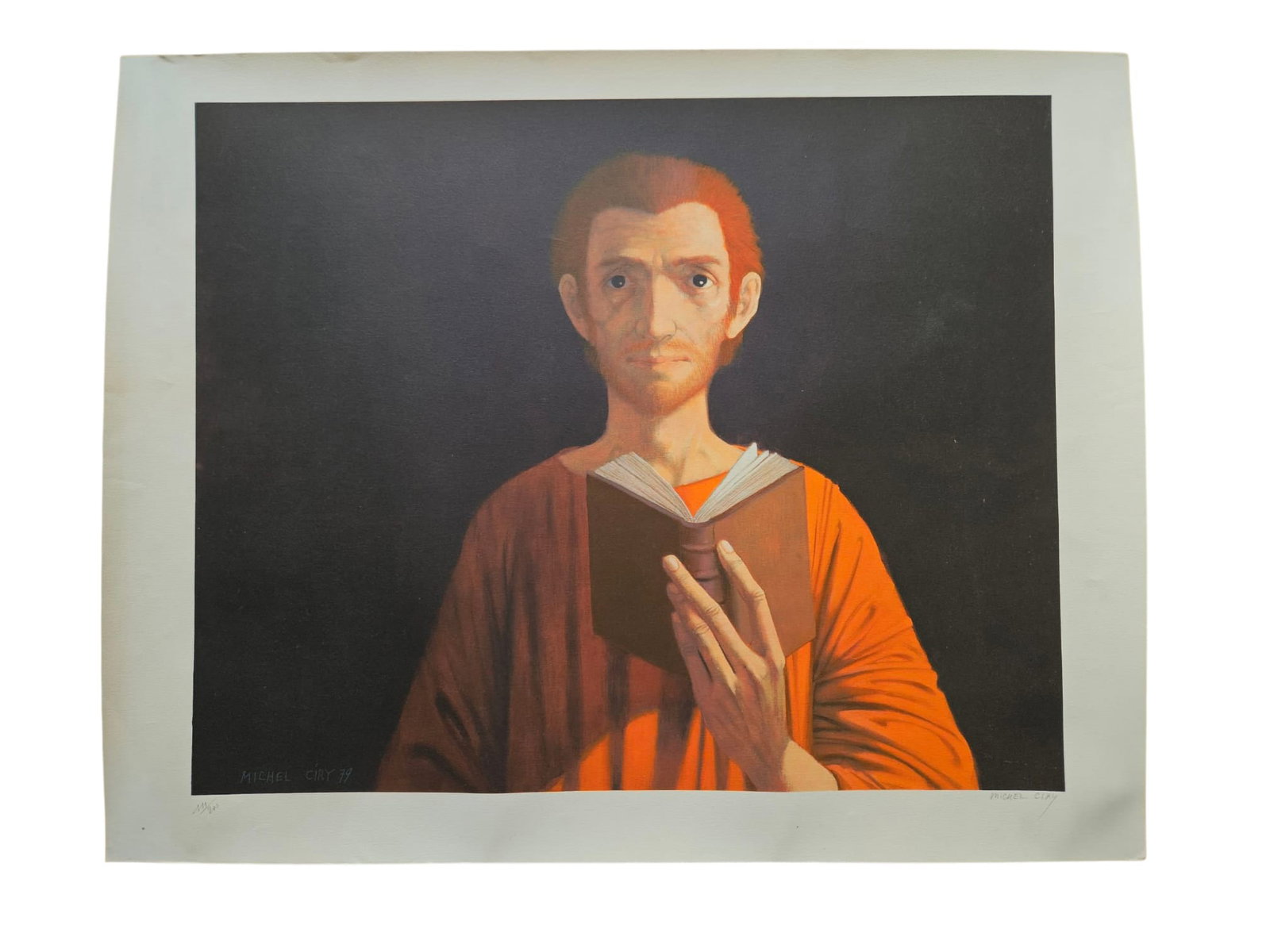 Michel Ciry, Portrait of a Monk with Book, Signed Color Lithograph, 1979: Color lithograph on paper by French artist Michel Ciry (1919-2018), depicting a solemn monk or religious figure holding an open book against a dark background. Signed Michel Ciry in pencil lower right