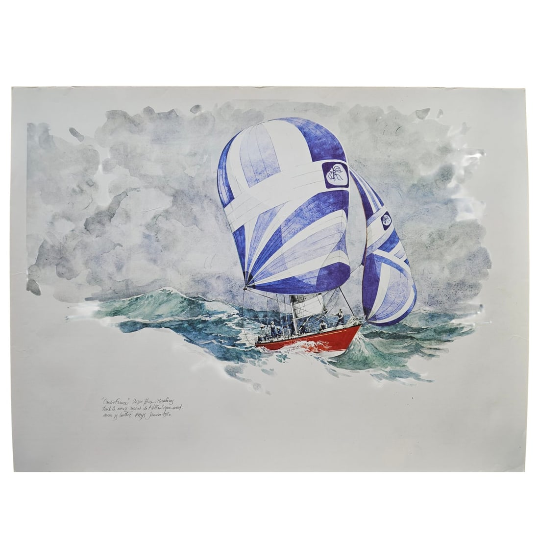 Vintage Sailing Yacht Racing at Sea, Color Lithograph on Paper (1 of 2)