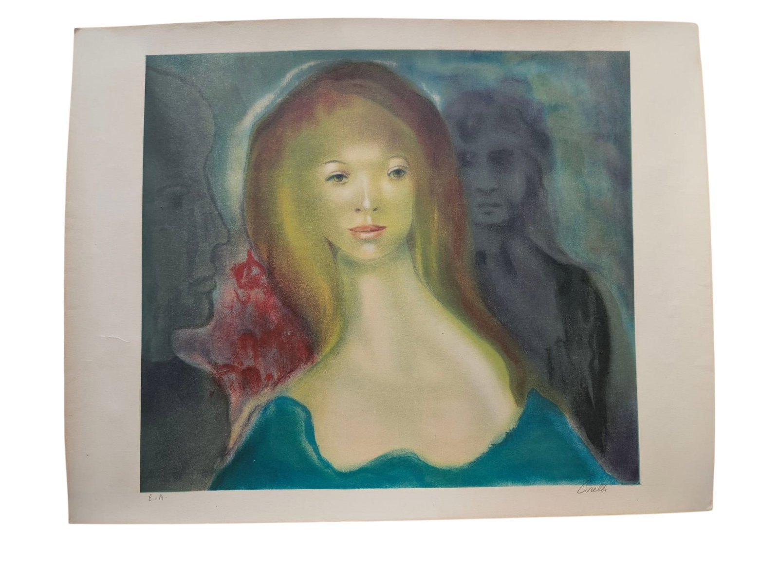 Marcel Mouly, Portrait of a Woman, Signed Artist's Proof Color Lithograph: Color lithograph on paper depicting a stylized portrait of a young woman in a blue dress, with shadowy figures in the background. Signed in pencil lower right and marked EA Artists Proof lower left. P