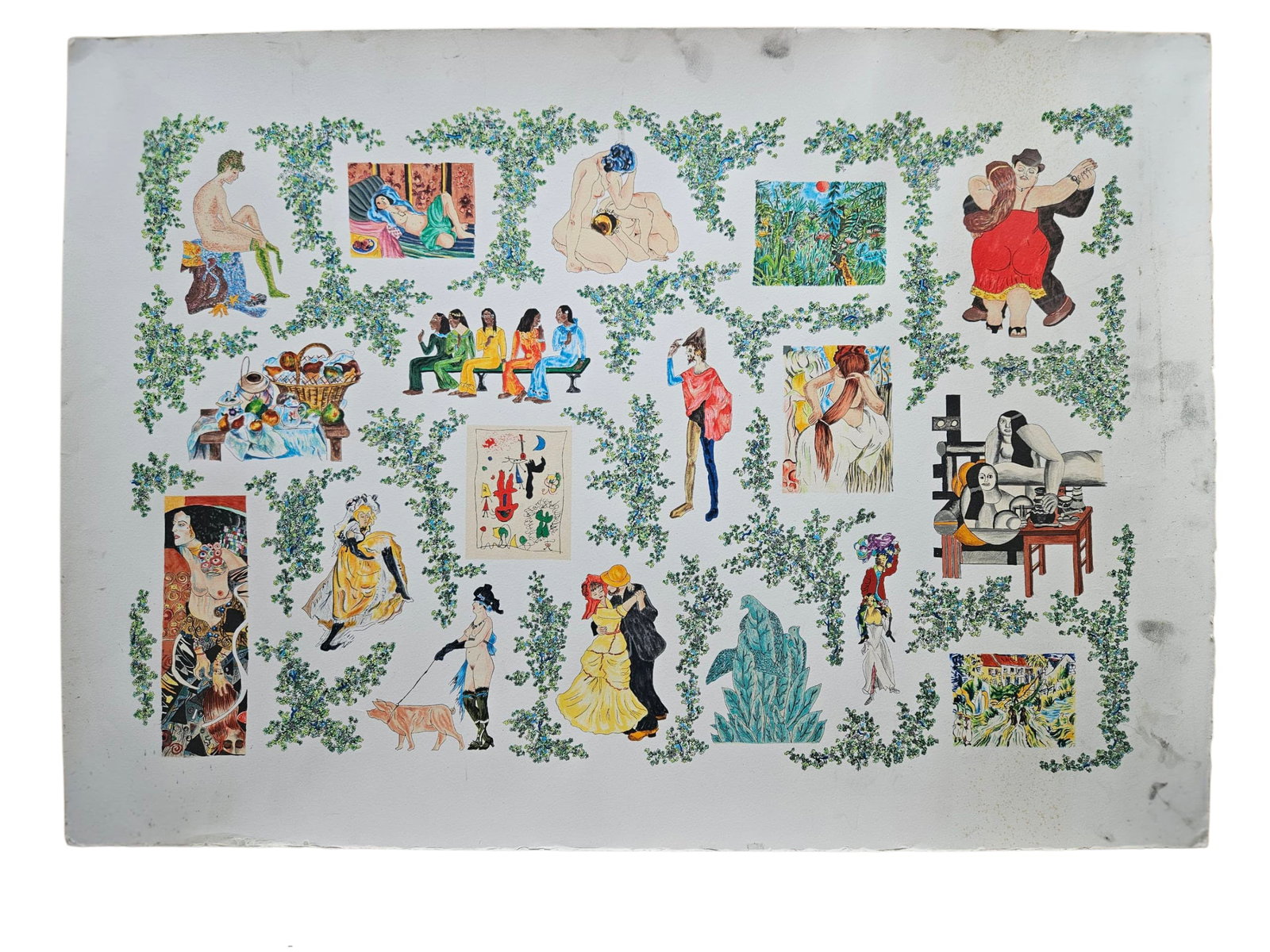 Contemporary Figural Collage, Homage to Modern Art, Color Print on Paper: Large-format color print on paper featuring a playful collage of figures, couples, nudes, still lifes, and landscapes inspired by celebrated works and styles of modern art. The individual vignettes ar
