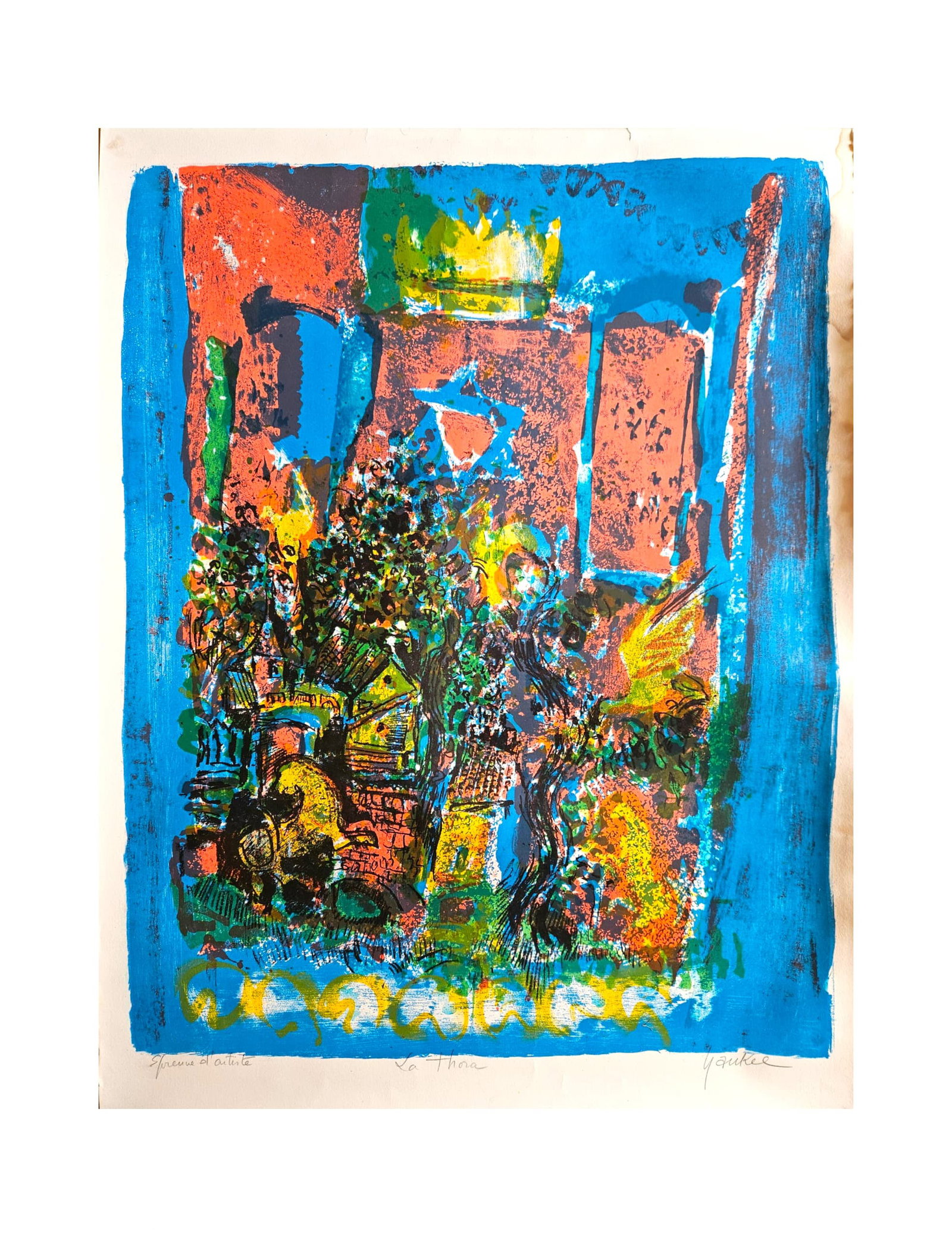 Yankel, "La Thora," Signed Artist's Proof Color Lithograph: Vibrant color lithograph on paper featuring an expressive Judaic composition centered on the Torah, rendered in bold blue, orange, yellow, green, and black tones. Titled La Thora in pencil lower cente