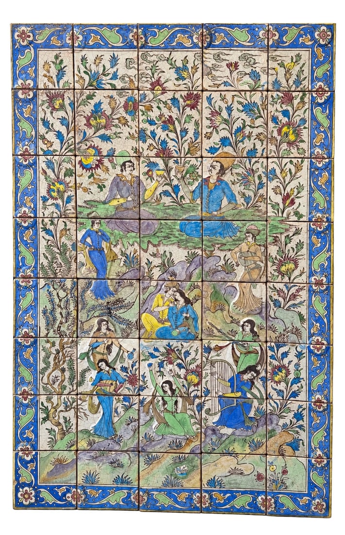 Large Persian Qajar Figural Polychrome Ceramic Tile Panel, Late 19th Century (1 of 14)