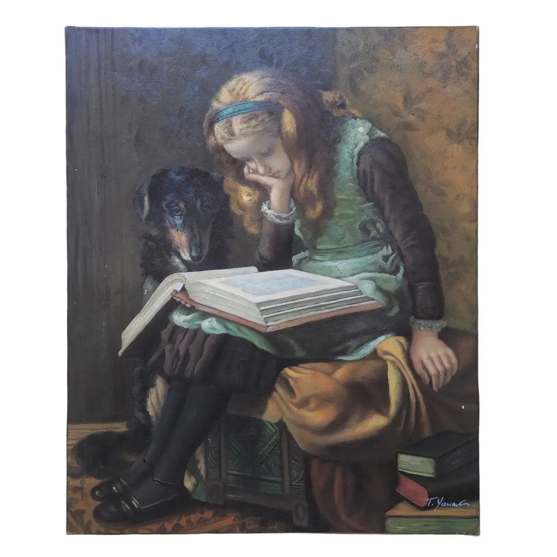 Mid-20th Century Signed T. Young - Young Girl Reading With Dog, Oil on Canvas: Oil on canvas, signed T. Young, circa late 20th century. Depicting a young girl seated with an open book beside a black dog, rendered in a traditional interior setting with a warm muted tones and soft
