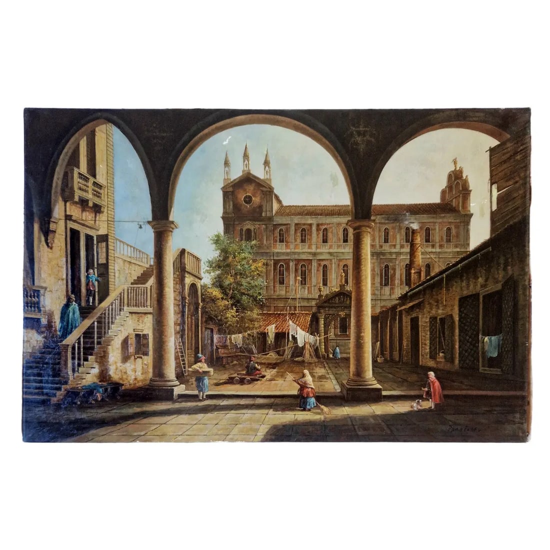 Mid-20th Century Signed Panarello - Italian Courtyard Scene With Figures, Oil on Canvas: Oil on canvas depicting an architectural courtyard framed by three arches, opening onto a classical Italian building and a sunlit square. The foreground includes figures engaged in daily activities, i
