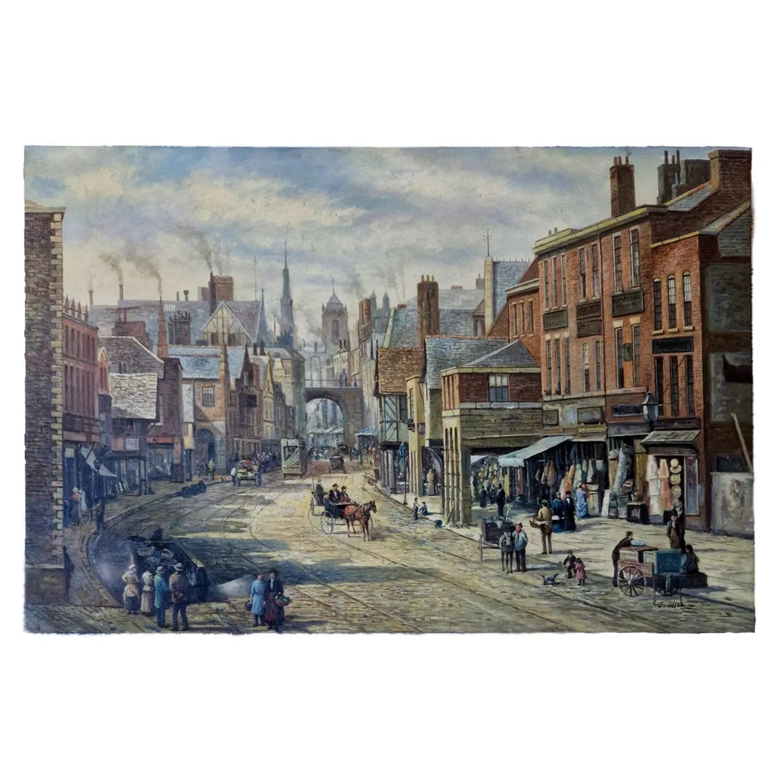 Mid-20th Century Signed E. Olson - Street Scene With Vendor Cart, Oil on Canvas: Oil on canvas depicting a street scene with three figures around a vendor cart. One figure stands facing two others positioned beside the cart. The setting includes a paved street with buildings and s