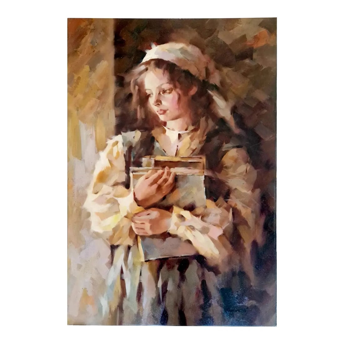 James W. - Young Girl Holding a Book, Oil on Canvas: Oil on canvas depicting a young girl in soft, warm light, gently holding a book against her chest. The composition is rendered with loose, expressive brushwork and a luminous palette, emphasizing the 
