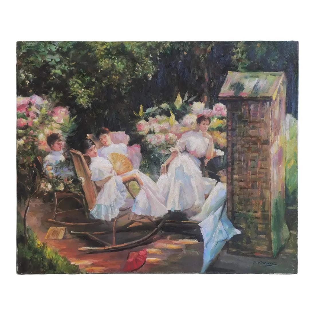 Mid-20th Century Signed F. Verne - Ladies in a Garden, Oil on Canvas: Oil on canvas depicting an elegant garden scene with four women in white dresses seated among blooming flowers and greenery. One figure holds a fan while others recline on a wooden bench, creating a r