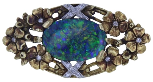 18K Yellow Gold Black Opal & Diamond Brooch (4.30 ct Opal, 0.12 ct Diamonds)
