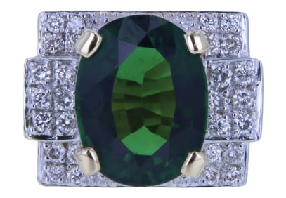 14K Yellow Gold Green Tourmaline & Diamond Ring (6.43 ct Tourmaline, 0.56 ct Diamonds)