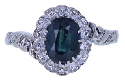 Elegant 14K White Gold Bluish-Green Sapphire & Diamond Ring