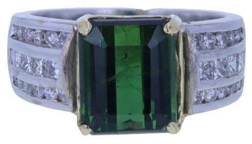 Striking 18K Yellow & White Gold Green Tourmaline & Diamond Ring