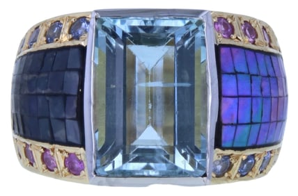 Platinum & 18K Yellow Gold Aquamarine, Mother-of-Pearl & Sapphire Ring