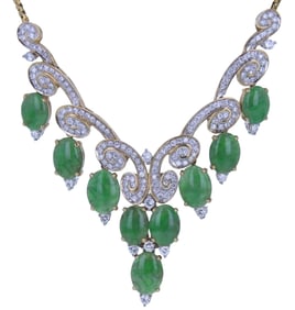 Exquisite 14K White & Yellow Gold Jade and Diamond Necklace