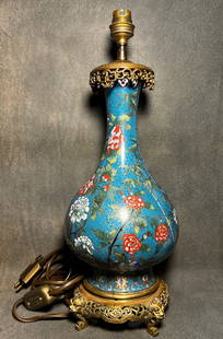 Republic Period Chinese Cloisonné Enamel Vase Lamp – Birds & Flowers on Turquoise Ground with: A Republic period Chinese cloisonné enamel vase, later converted into a lamp during the early 20th century, reflecting a harmonious blend of Eastern craftsmanship and Western decorative aesthetics. T