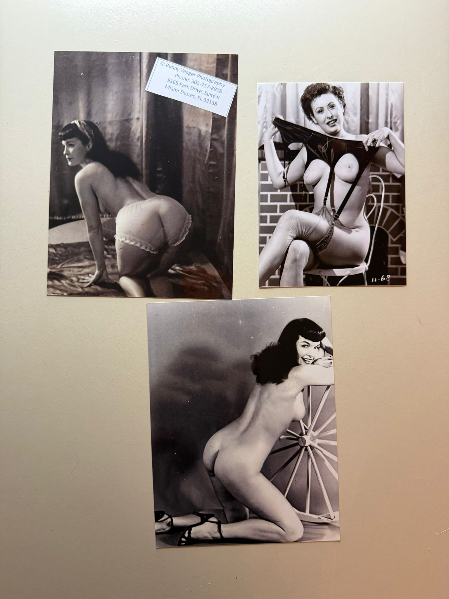 Bunny Yeager Signed 3 photos (2 Bettie Page): Lot of three original photographs , 2 depicting Bettie Page, one of the most iconic figures in 20th-century pin-up photography, one more pin up girl, produced by the studio of renowned photographer Bu