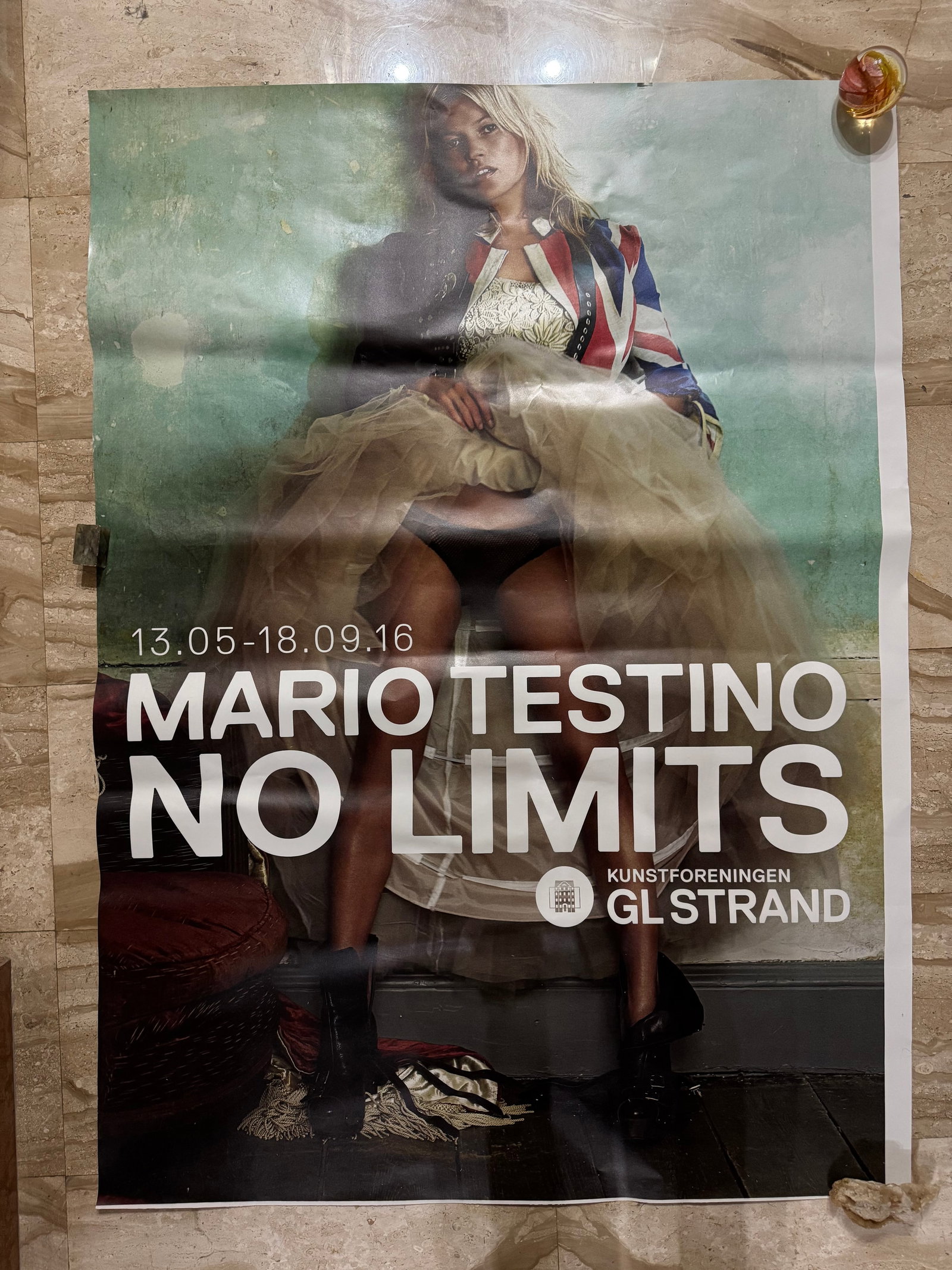 Kate Moss – Mario Testino, “No Limits” Original Street Exhibition Poster, GL Strand 2016: Original large-format street exhibition poster for “Mario Testino – No Limits”, held at Kunstforeningen GL Strand, Copenhagen, from 13 May to 18 September 2016.The poster features Kate Moss,