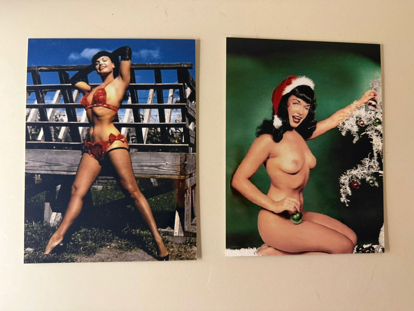 Bettie Page – Pair of Hand-Signed Photographs from Bunny Yeager Studio: Collection of two original photographic prints depicting the legendary pin-up icon Bettie Page in two of her classic 1950s glamour poses. Each photograph is hand-signed by Bettie Page and bears the or