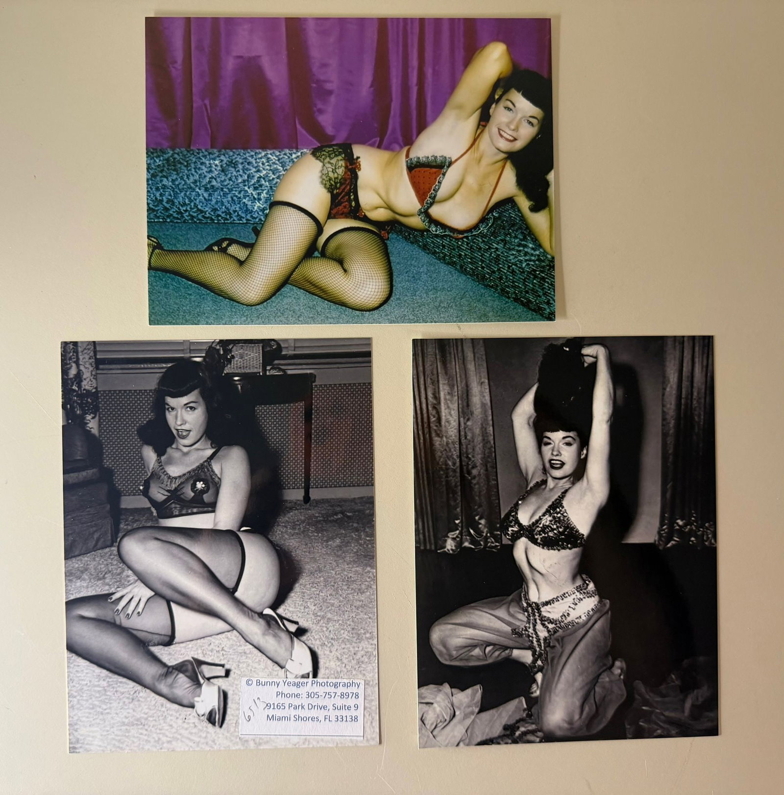Lot of 3 Signed Bettie Page Photographs: A collection of three original photographic prints depicting the legendary American pin-up model Bettie Page, photographed by the celebrated photographer Bunny Yeager. The lot includes one color print