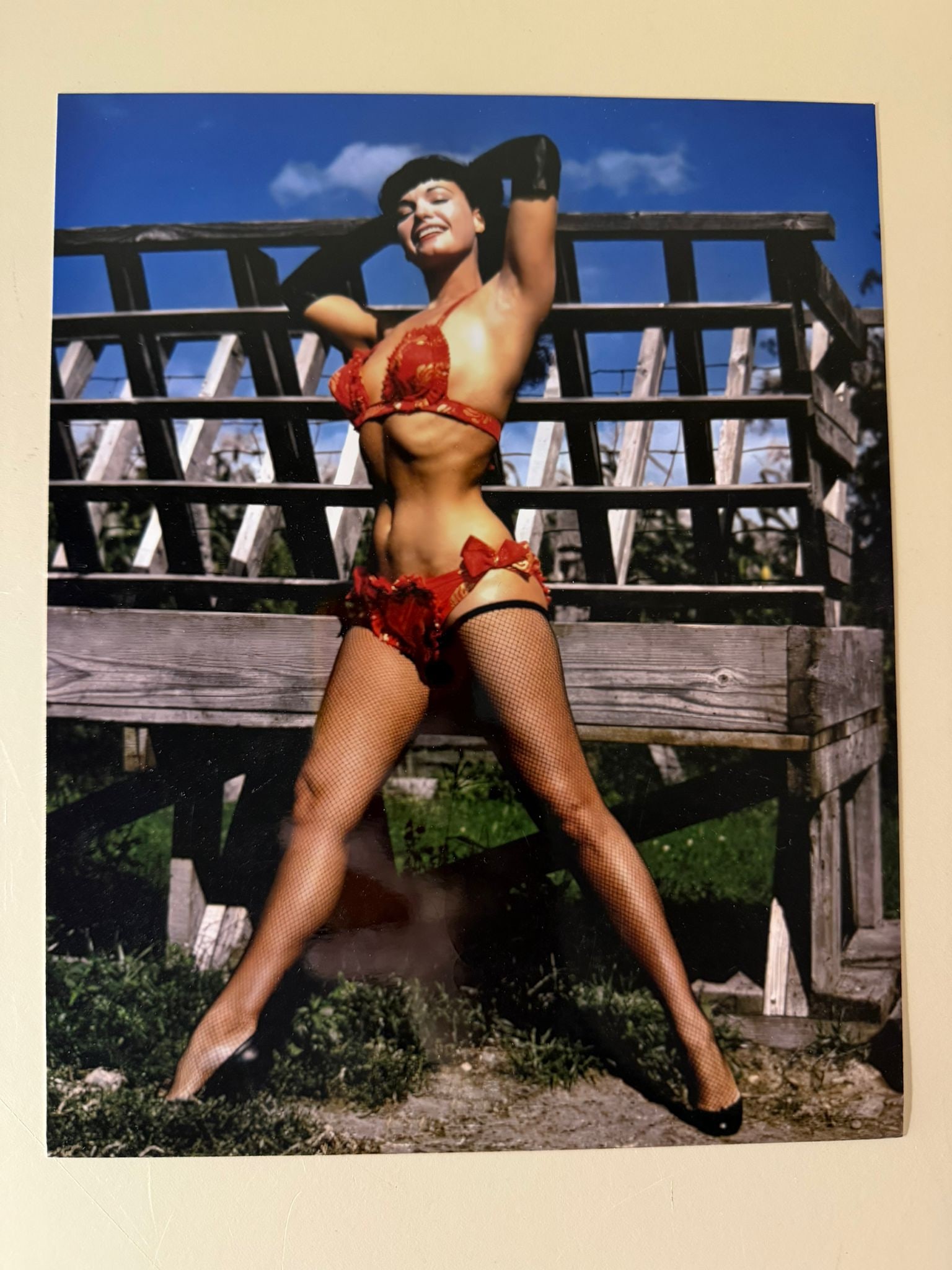 Bunny Yeager - Bettie Page in Red Lingerie, Outdoor Session c. 1954 - Hand-Signed Studio Print: Bunny Yeager (American, 1929–2014)Bettie Page in Red Lingerie, shoot c. 1954Chromogenic color print on Fujicolor Professional paper.Hand-signed by the photographer "Bunny Yeager" in black ink on the