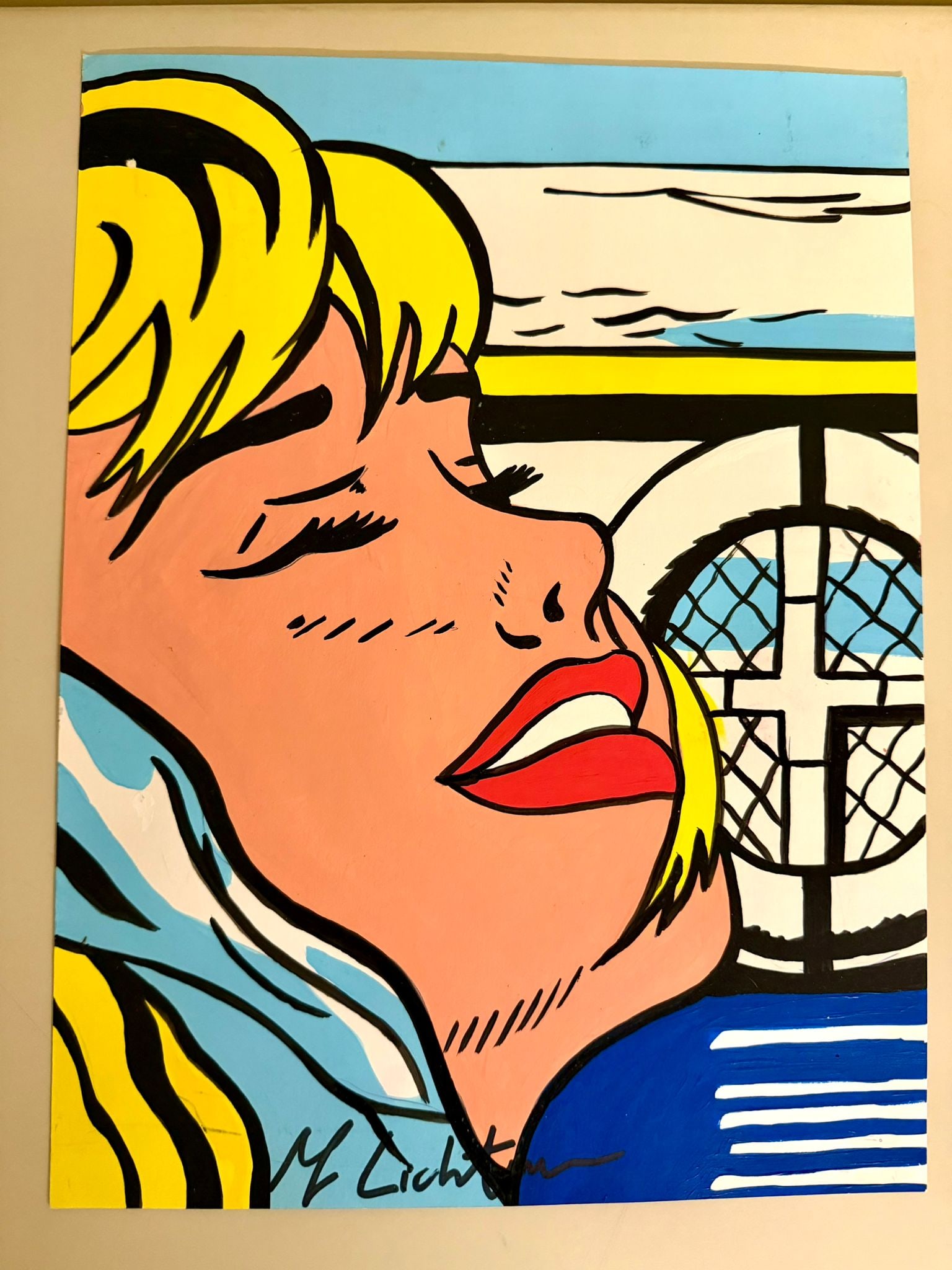 Roy Lichtenstein – “Girl by the Sea / Ship's Deck” (1980s) | Gouache & Mixed Media on: Roy Lichtenstein (1923–1997)“Girl by the Sea / Ship's Deck”Gouache and mixed media on paperDimensions: 30 × 32 cm (approx. 11.8 × 12.6 in)Hand-signed by the artist on the frontGallery stam