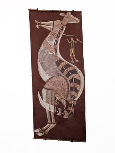 Bardayal 'Lofty' Nadjamerrek AO, Barrk - Rock Wallaby, c.1990: Bardayal 'Lofty' Nadjamerrek AO (1926 - 2009) Barrk - Rock Wallaby, c.1990 natural earth pigment on stringy bark 125.5 x 54 cm PROVENANCE Painted for Reg Mason of Arnhem Land Art, Oenpelli, NT Private