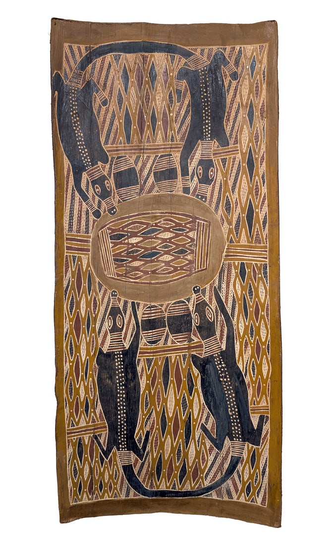 Yama Mununggurritj & or his brother Watjung , Baru in Caledon Bay, c.1970: Yama Mununggurritj and/or his brother Watjung Baru in Caledon Bay - Gumatj Ancestral Fire Story, c.1970 natural earth pigment on bark 81.5 x 36 cm PROVENANCE Source Unknown, Cat No. LSICM5 Fireworks G