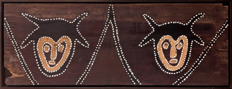 Paddy Jaminji, Devil Devil, c.1982: Paddy Jaminji (1912 - 1996) Devil Devil, c.1982 natural earth pigment on composition board 45 x 124 cm, 49 x 127.5 cm frame PROVENANCE Field Collected, WA Private Collection, Vic Lawson Menzies, Abori