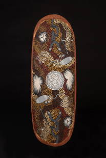 Clifford Possum Tjapaltjarri, Gidgee Creek at Napperby Station, c.1992: Clifford Possum Tjapaltjarri (c.1932 - 2002) Gidgee Creek at Napperby Station, c.1992 synthetic polymer on 1950s beanwood shield 64 cm PROVENANCE The Blythman Collection, NSW ILLUSTRATED The Blythman