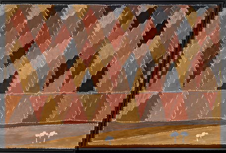 Queenie McKenzie, Hills Texas Station, 1995: Queenie McKenzie (1930 - 1998) Hills Texas Station, 1995 natural earth pigments on canvas 100 x 150 cm, 103 x 152.5 cm frame PROVENANCE Field collected, WA Neil McLeod Fine Arts Studio Private Collect