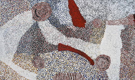 Bill Tjapaltjarri Whiskey, Rockholes near the Olgas, 2007: Bill Tjapaltjarri Whiskey (1920 - 2008) Rockholes near the Olgas, 2007 synthetic polymer on linen 91 x 153 cm PROVENANCE Watiyawanu Arts, Mt Liebig, Cat No. 77-07381 Private Collection, NSW ARTWORK ST