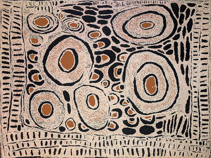 Nyurapaya Nampitjinpa (Mrs Bennett), Rockhole Site of Yumarra, 2004: Nyurapaya Nampitjinpa (Mrs Bennett) (1935 - 2013) Rockhole Site of Yumarra, 2004 synthetic polymer on linen 91 x 121 cm PROVENANCE Bannan and Pallin Fine Art, NT, Cat No. obscured Private Collection,