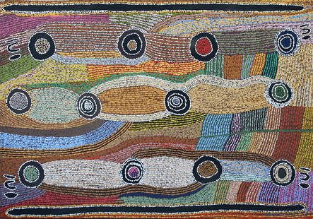 Maggie Watson Napangardi, Women's Story, 1995: Maggie Watson Napangardi (c.1925 - 2004) Women's Story, 1995 synthetic polymer on linen 141.5 x 202.5 cm PROVENANCE Ngintaka Art, Alice Springs, NT Private Collection, Vic Art Mob, Tas, Cat No. AM 227