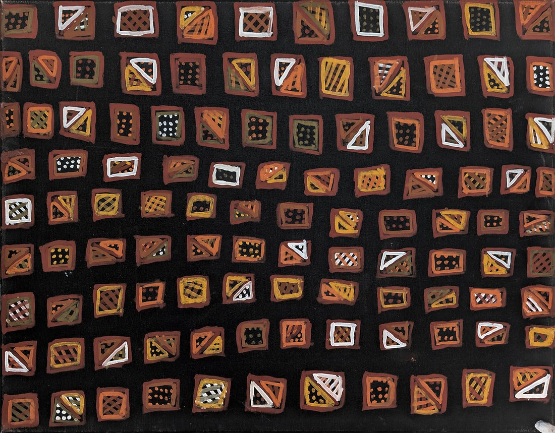 Jean Baptiste Apuatimi, Jikapayinga - Female Saltwater Crocodile, 2004: Jean Baptiste Apuatimi (1940 - 2013) Jikapayinga - Female SaltWater Crocodile, 2004 natural earth pigments on linen 69.5 x 89 cm PROVENANCE Munupi Arts, NT, Cat No. MU11JBA079 Metro Five Gallery, Vic 