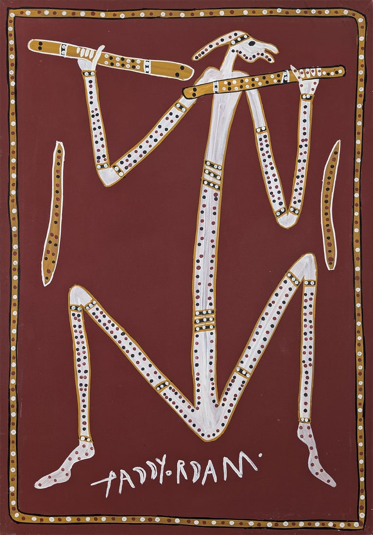 Paddy Fordham Wainburranga, Dancing Mimi Man with Men's Clapsticks, c.1995: Paddy Fordham Wainburranga (c.1930 - 2006) Dancing Mimi Man with Men's Clapsticks, c.1995 synthetic polymer paint on canvas 90 x 62.5 cm PROVENANCE Katherine Art Gallery, Cat No. P-1097 Private Collec