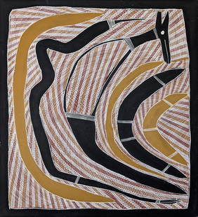 Phillip Gudthaykudthay, Gandayala - Red Kangaroo, 2017: Phillip Gudthaykudthay (c.1925 - 2022) Gandayala - Red Kangaroo, 2017 synthetic polymer on canvas 95 x 86.5 cm PROVENANCE Bula Bula Arts, Ramingining, NT, Cat No. 641-17 Private Collection, NSW ARTWOR