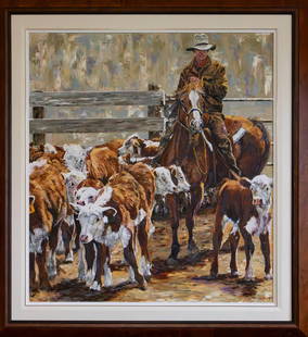 Jody Skinner Painting: Sorting Day: Sorting Day By Jody Skinner B. 1963 39x43" Oil Painting Framed Jody Skinner is a self-taught artist who works exclusively with oils on linen, applying the oils with palette knives to provide rich text