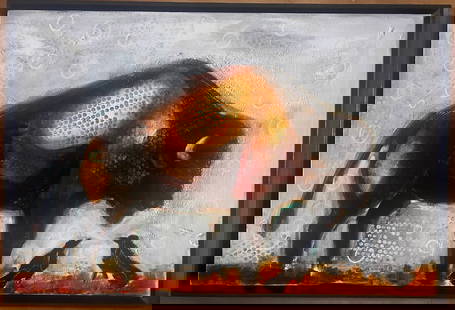 Fab Leydecker Painting: Bison Talk: Fab Leydecker 1962 Bison Talk 24x36” Framed Acrylic Fab Leydecker was born in Nayonne, France and has always had a passion for nature. Expressing herself through art began in her