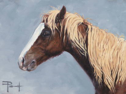 Paige Albrecht Painting: Flaxen Yearling: Paige Albrecht 1982 Flaxen Yearling 12x9&rdquo; Oil Painting Alberta based artist Paige Albrecht was raised in a horse training family, blending her experience as a horsewoman and rancher with her art