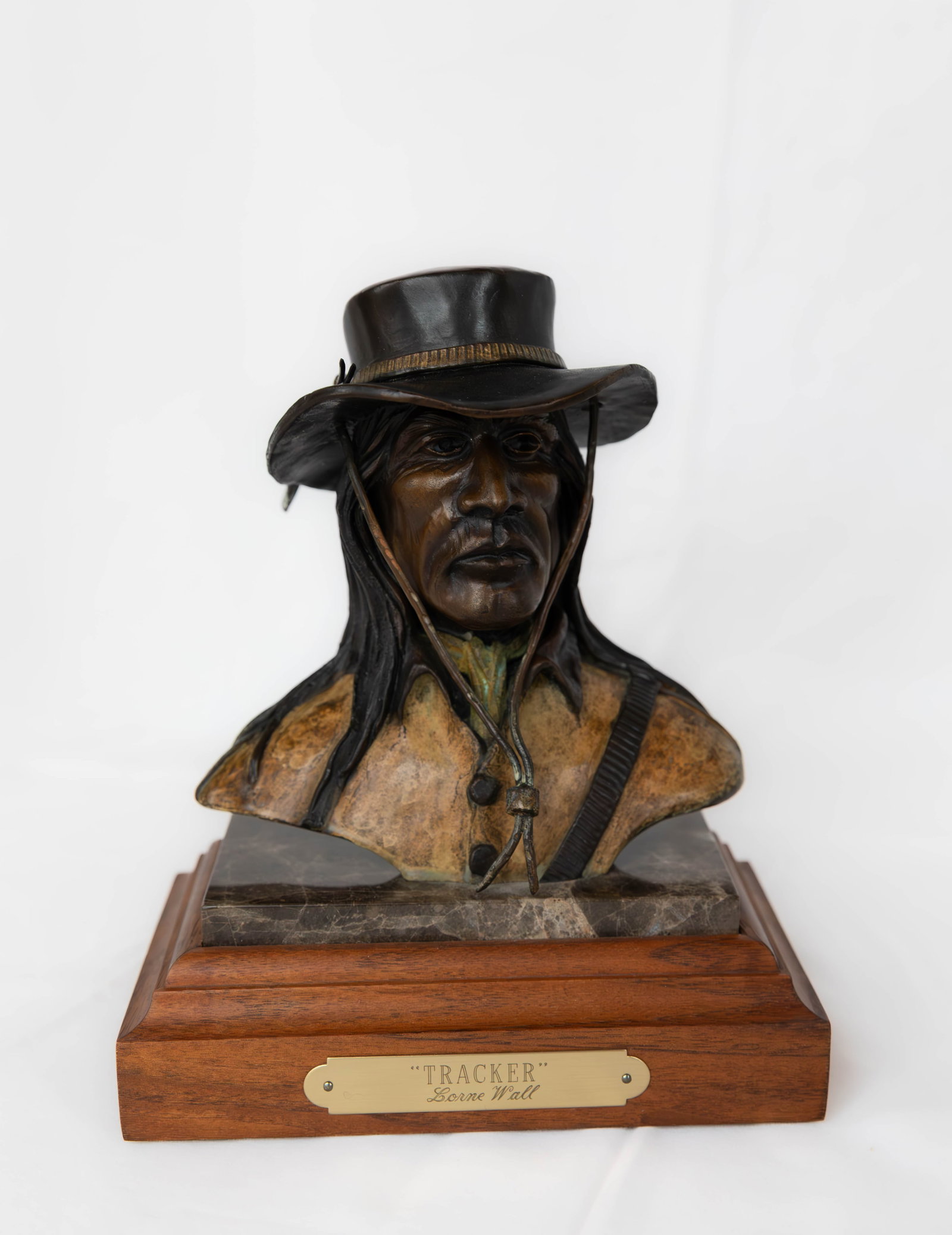 Lorne Wall, Tracker, Bronze: Lorne Wall, Tracker, Bronze. Granite base. Size 6" x 3" x 7". Born in Cape Breton, self-taught bronze sculptor and oil painter Lorne Wall first worked in California, creating cartoons and illustration